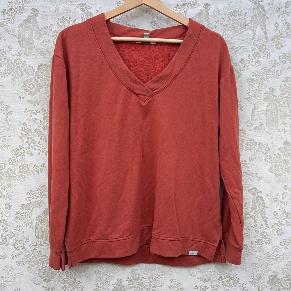 ORVIS Sweatshirt Coral Minimalist Bright  V Neck Long Sleeve Top Pullover Size M